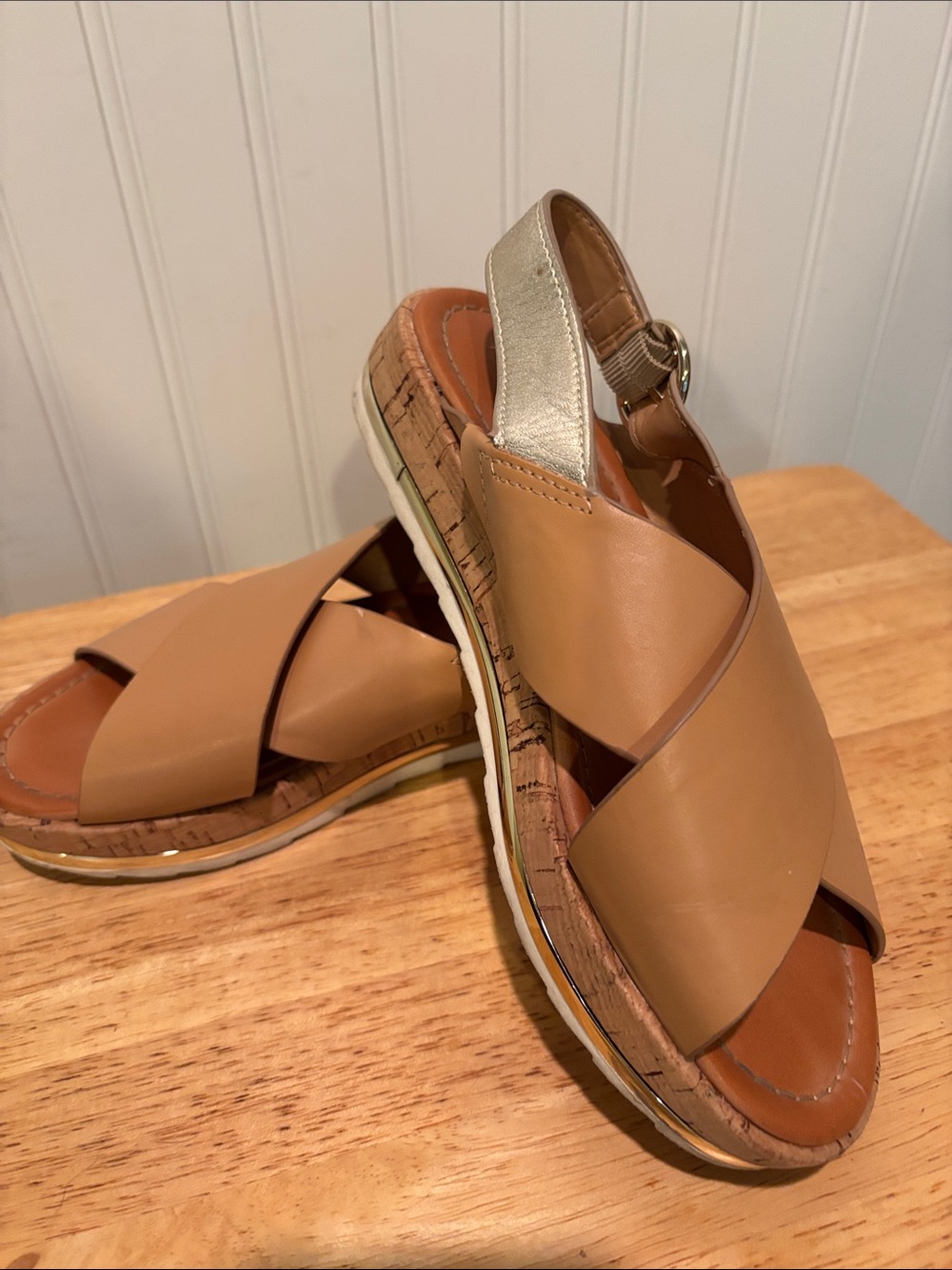 Nine West Tan Vegan Leather Cork Wedge Sandals with Metallic Slingback Size 6